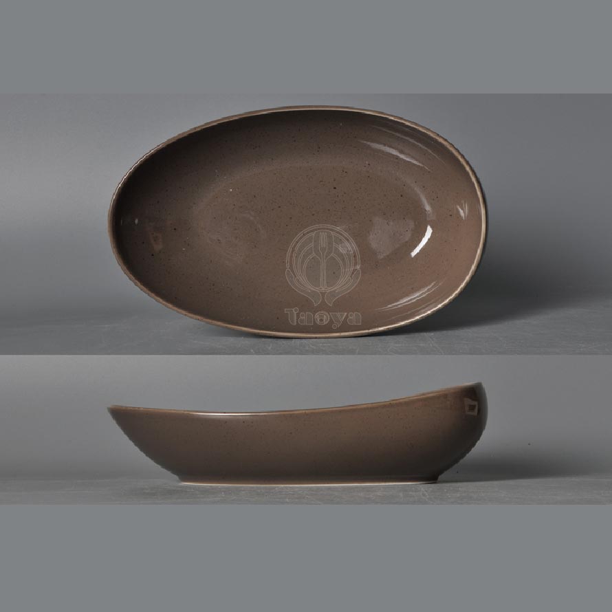 古朴11.7"靈石蛋形橢圓深盤(茶色)|HAN-CHP11369-GP