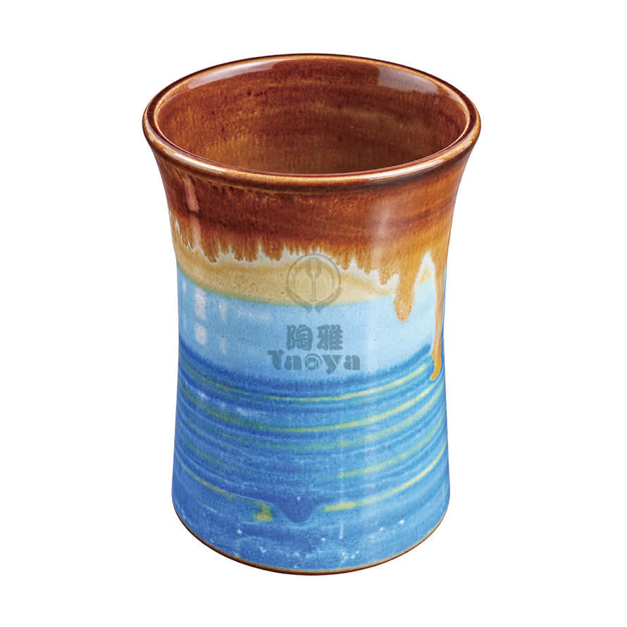 螺紋茶杯-淺藍棕邊|